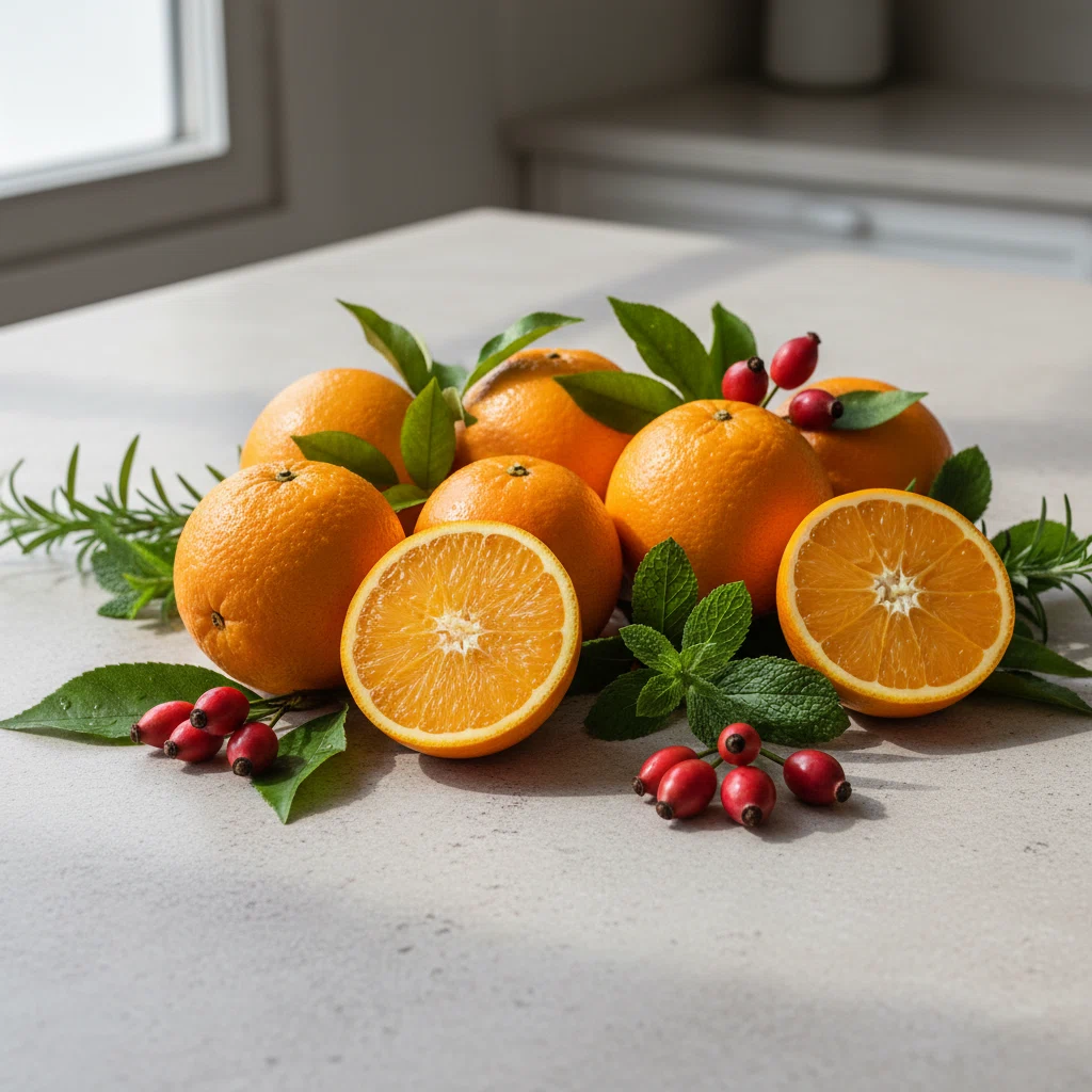 Verse citrusvruchten, rozenbottel en groene bladeren op een licht houten aanrecht